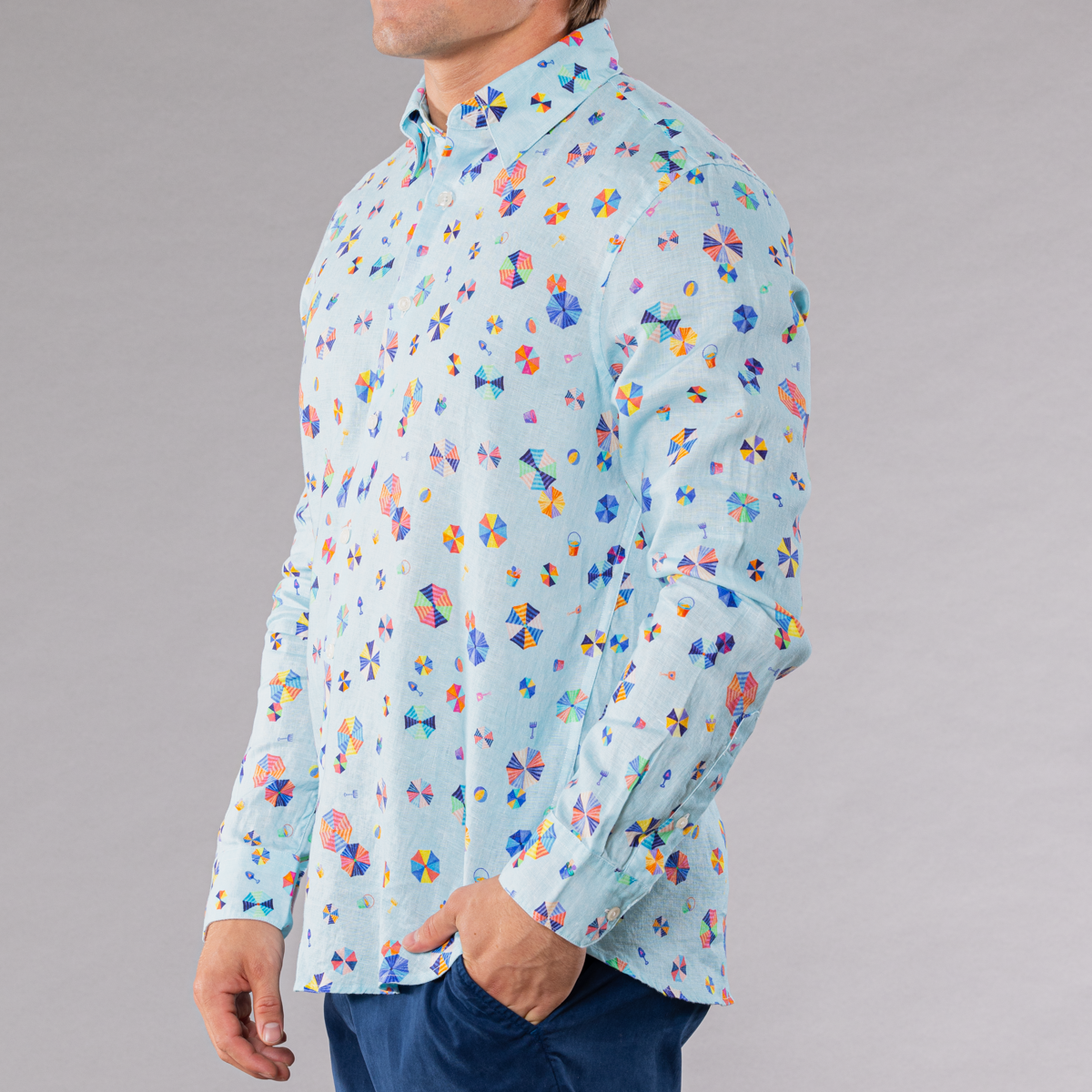 Men&#39;s light blue linen long sleeve shirt with umbrellas pattern
