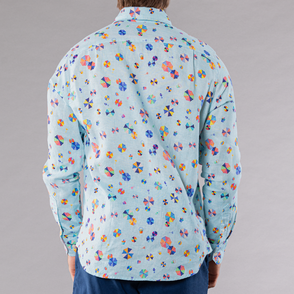Men's Printed Long Sleeve Linen Shirt - Beach Umbrellas Blue