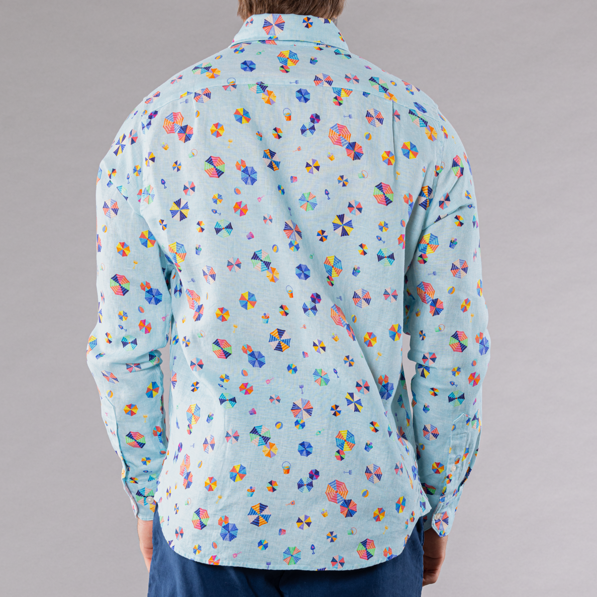 Men's Printed Long Sleeve Linen Shirt - Beach Umbrellas Blue