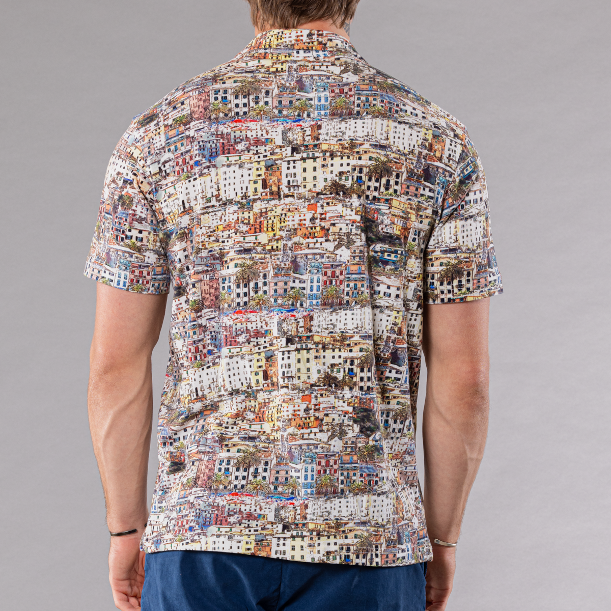 Men&#39;s multicolor full button front shirt with cinque-terra pattern made of pima cotton/stretch, back view