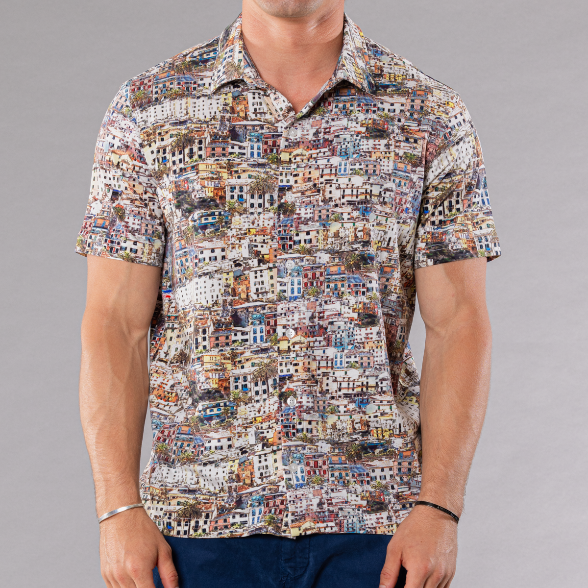 Men&#39;s multicolor full button front shirt with cinque-terra pattern made of pima cotton/stretch, front view