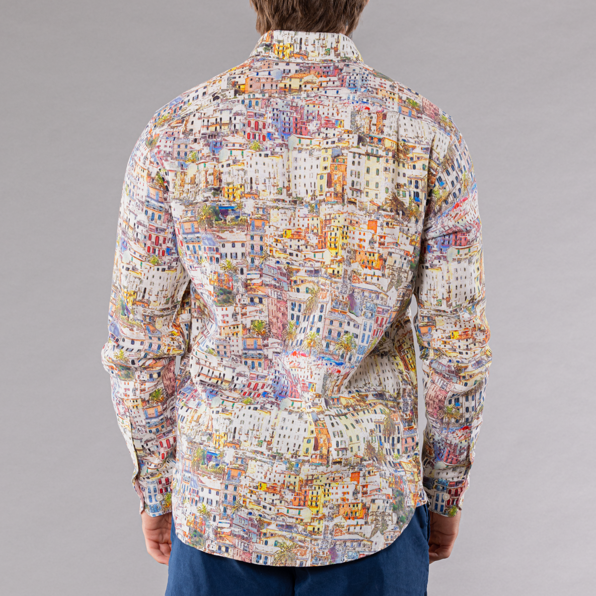 Men&#39;s multicolored linen long sleeve shirt with cinque-terra pattern, back view
