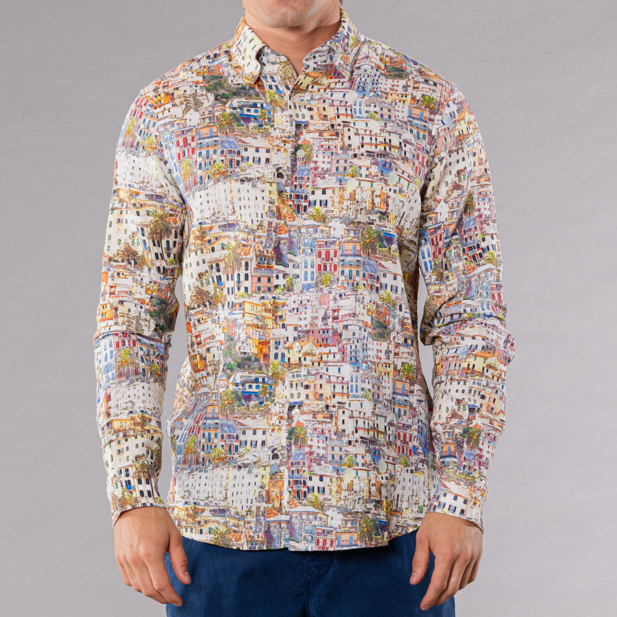 Men&#39;s multicolored linen long sleeve shirt with cinque-terra pattern, front view