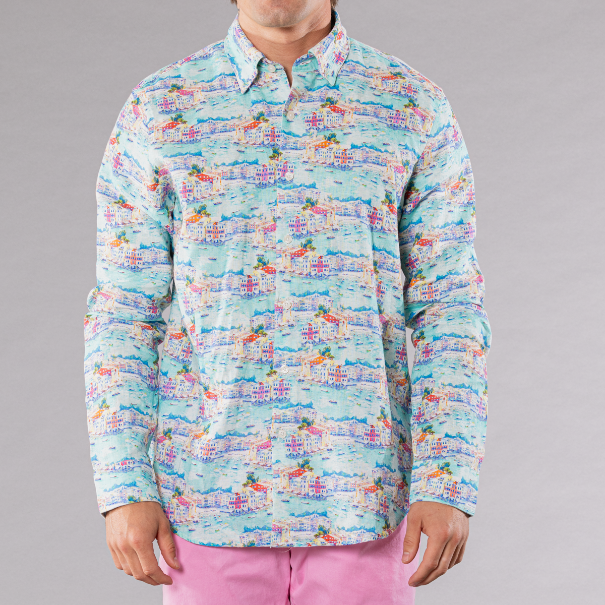 Men&#39;s multicolored linen long sleeve shirt with portofino pattern, front view
