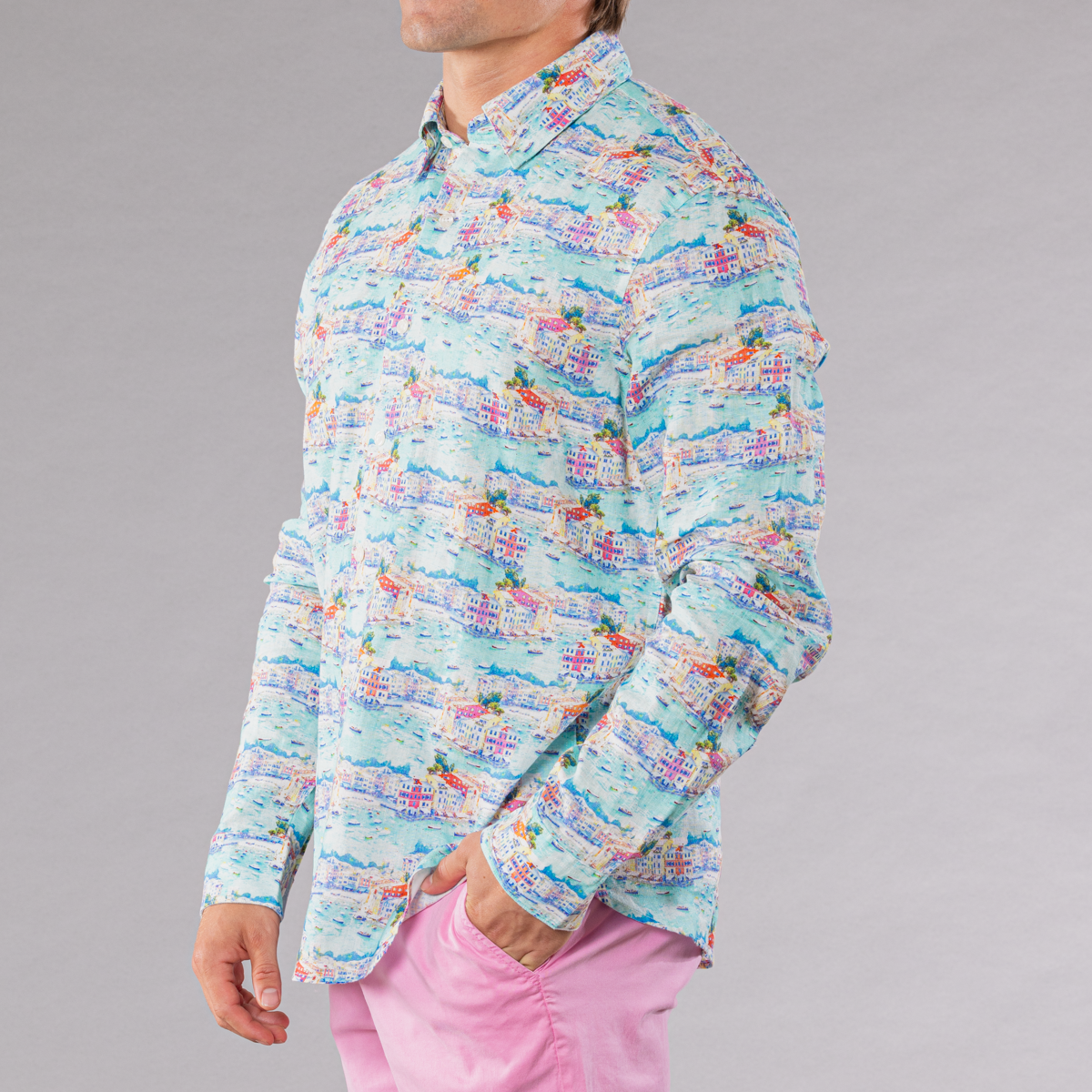 Men&#39;s multicolored linen long sleeve shirt with portofino pattern