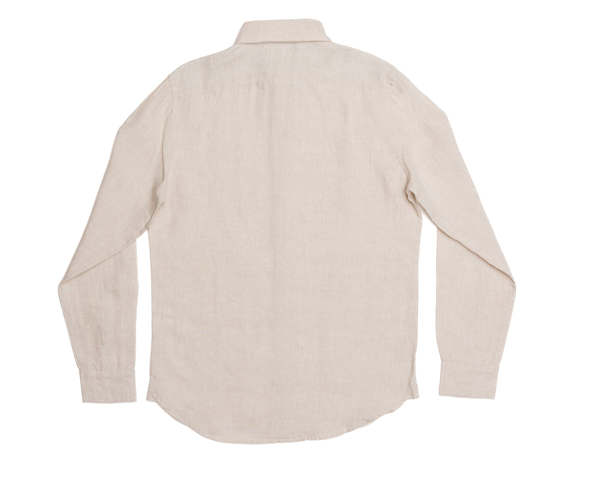 Men&#39;s natural linen long sleeve shirt, back view