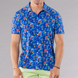 Men's navy full button front shirt with hot air ballons pattern made of pima cotton/stretch, front view