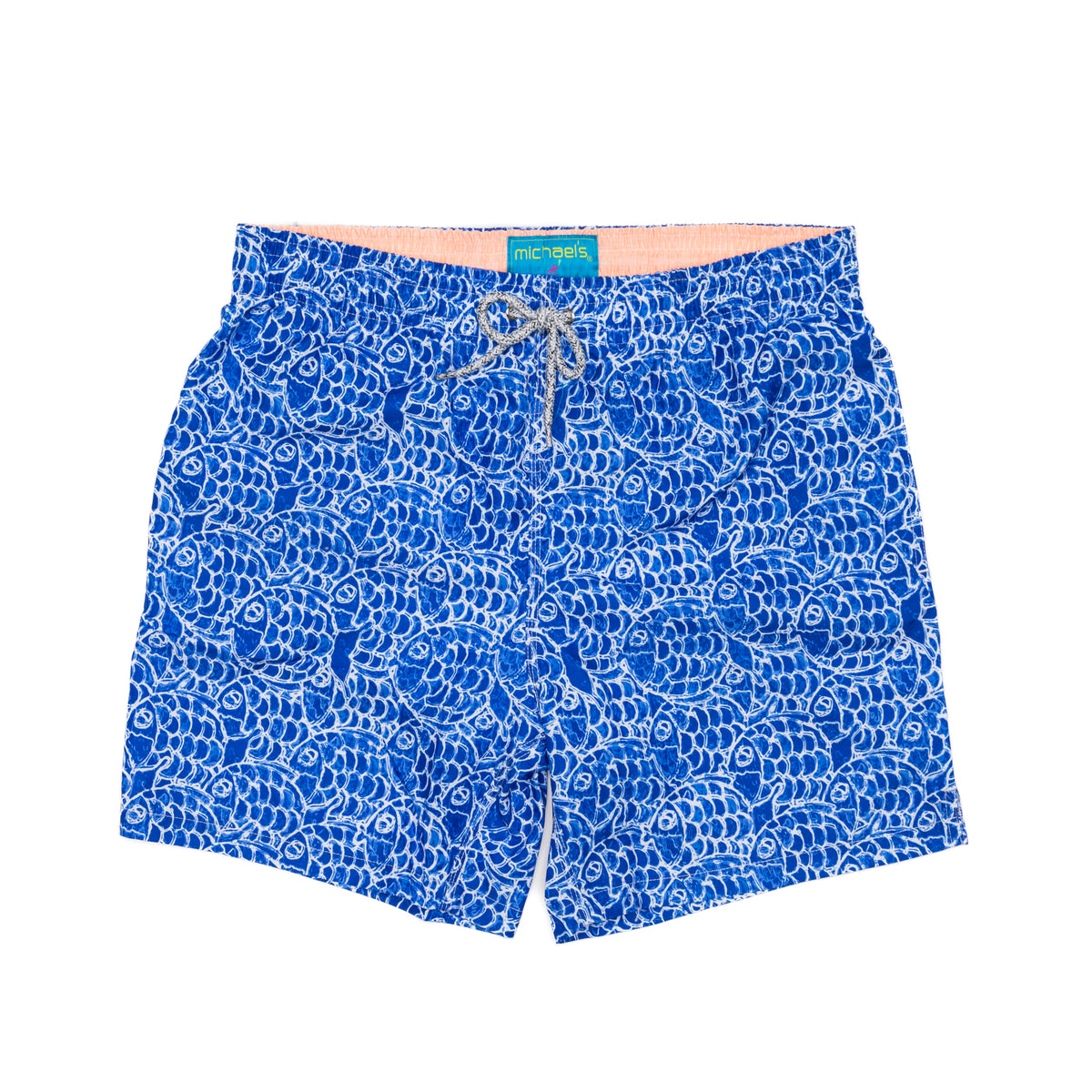 Men&#39;s navy swim trunks with abstract fish pattern, flat lay