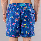 Men's navy swim trunks with cyclist liner, new turtles pattern, back view