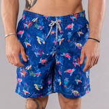 Men's navy swim trunks with cyclist liner, new turtles pattern, front view