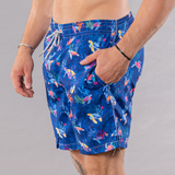 Men's navy swim trunks with cyclist liner, new turtles pattern