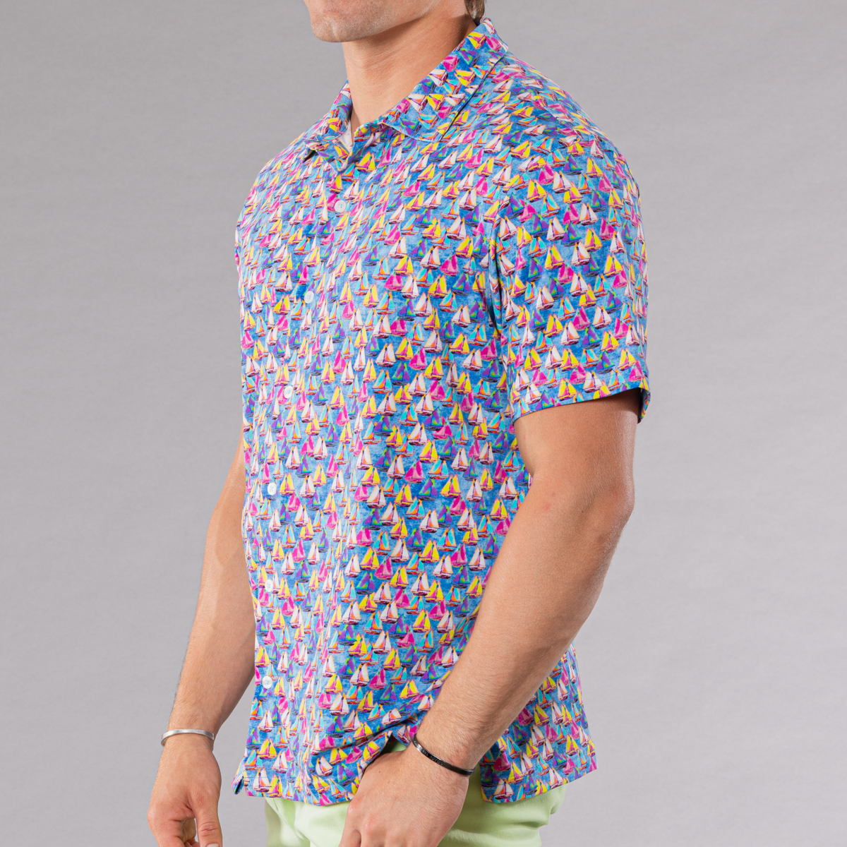 Men&#39;s royal full button front shirt with sailing away pattern made of pima cotton/stretch