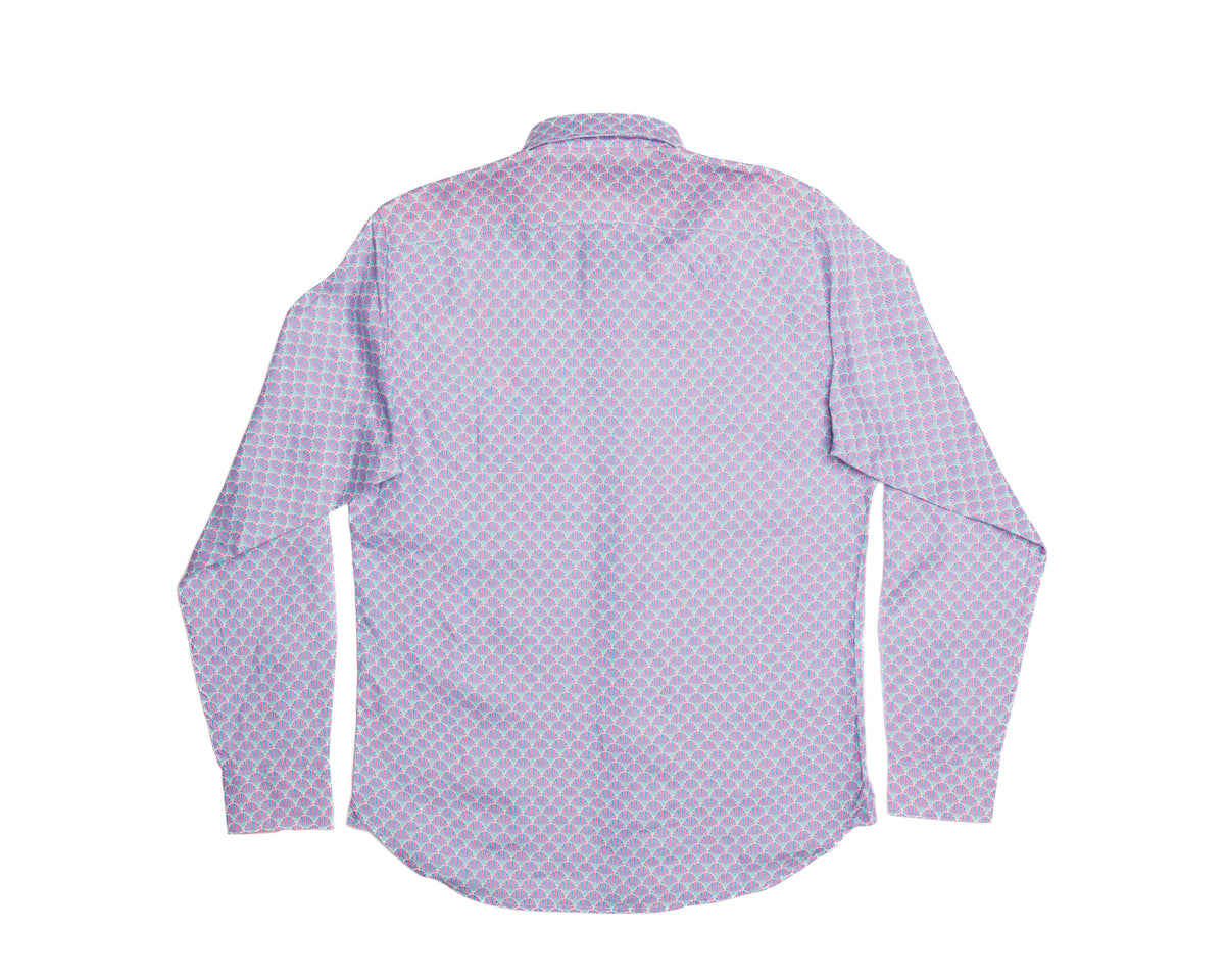 Men&#39;s sky/coral linen long sleeve shirt with fans pattern, flat lay