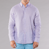 Men's Printed Long Sleeve Linen Shirt - Fans Sky/Coral