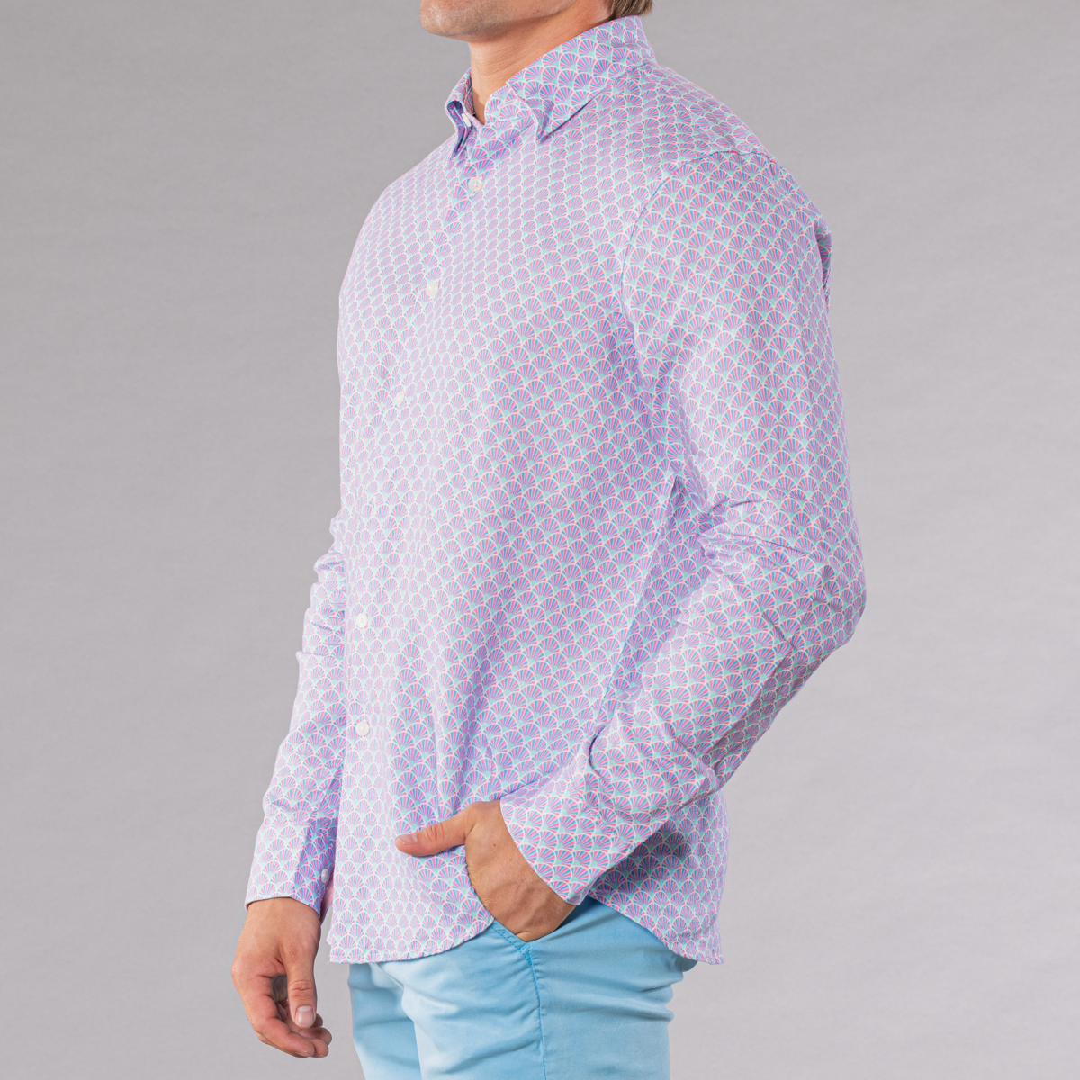 Men&#39;s sky/coral linen long sleeve shirt with fans pattern