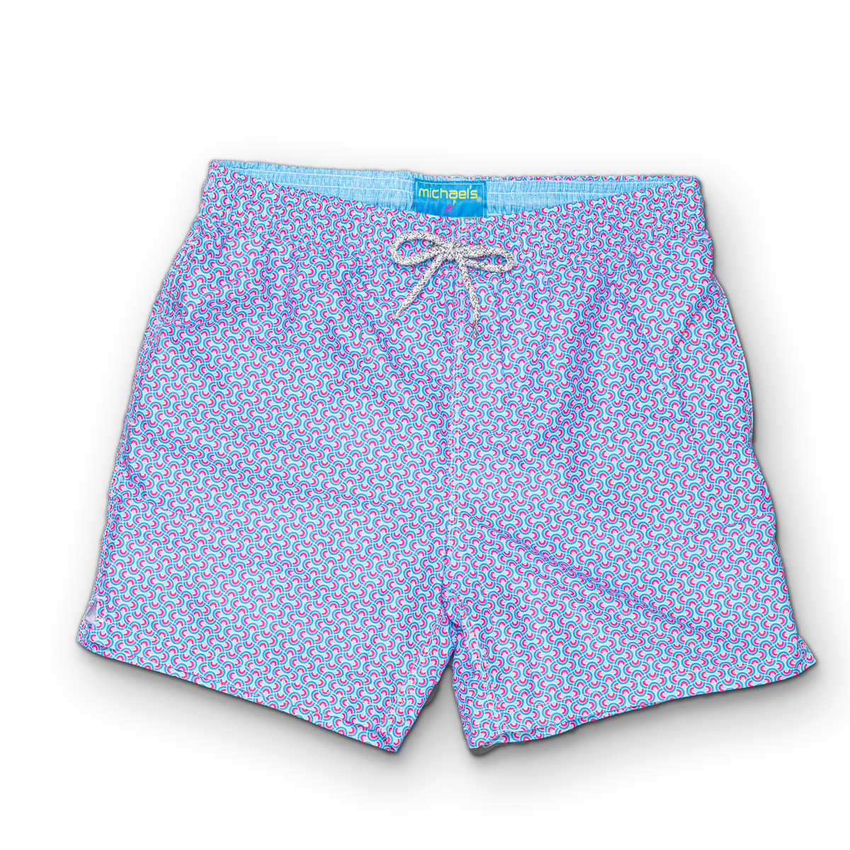 Men&#39;s sky/coral swim trunks with cyclist liner, ellipse pattern