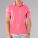 Men's solid coral full button front shirt made of pima cotton/stretch, front view
