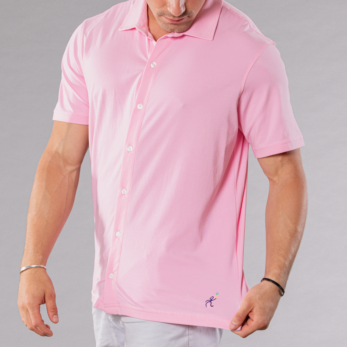 Men&#39;s solid pink full button front shirt made of pima cotton/stretch