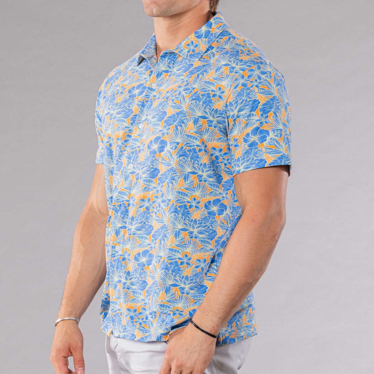 Men&#39;s turquoise full button front shirt with florals pattern made of pima cotton/stretch