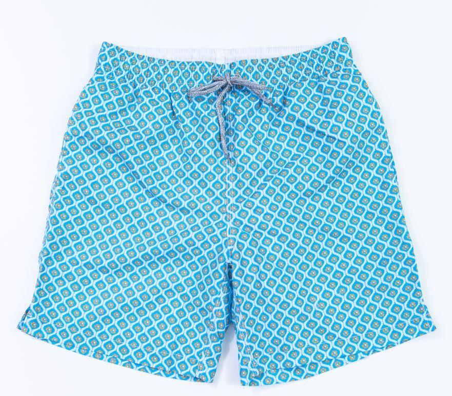Men&#39;s turquoise/orange swim trunks with geo pattern