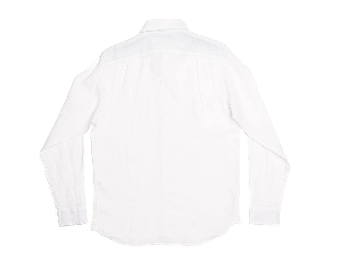 Men&#39;s white linen long sleeve shirt, back view