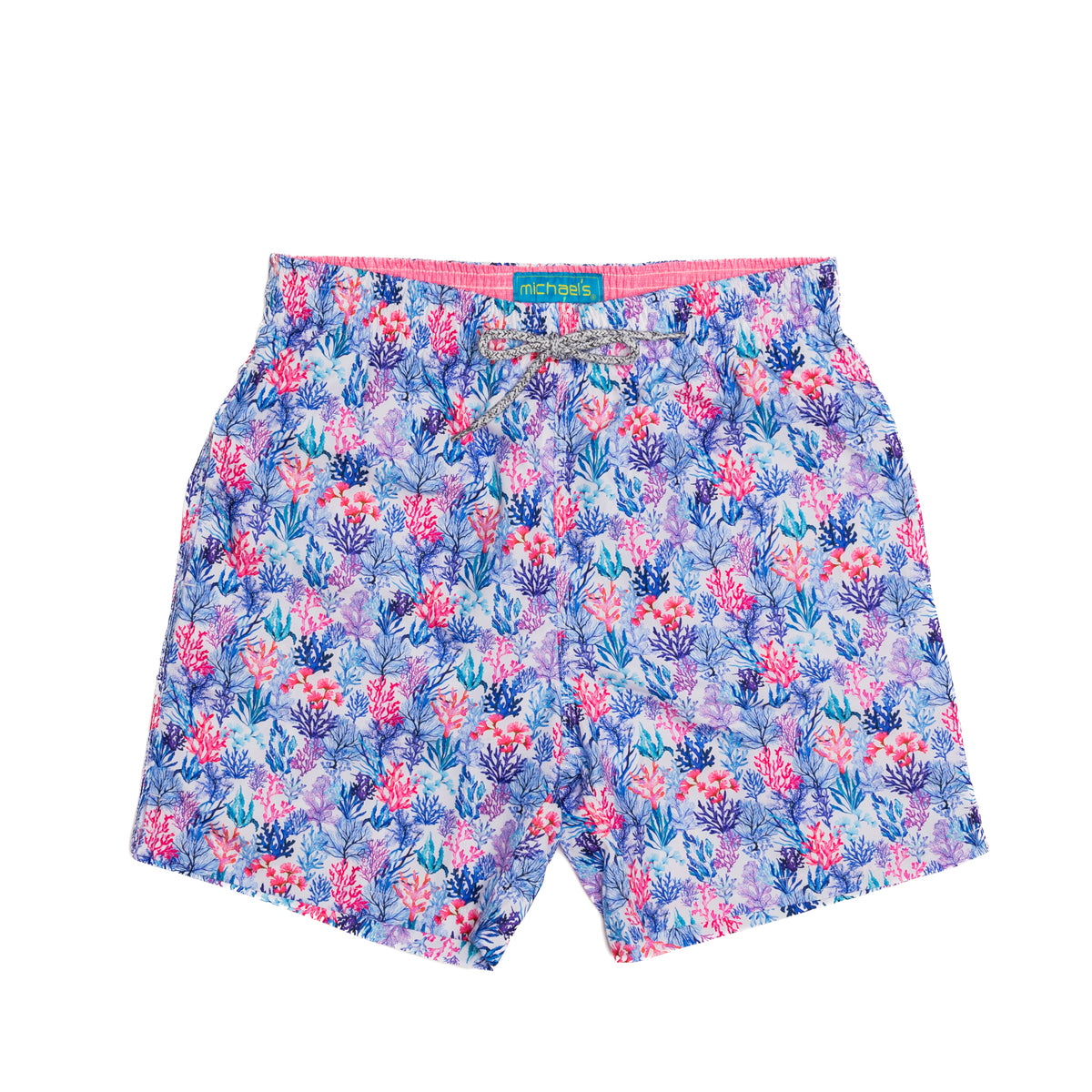 Men&#39;s white swim trunks with coral jungle pattern