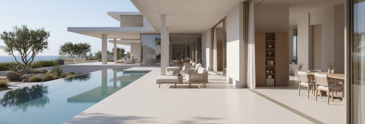 Minimal resort architecture with soft shadows, airy natural light, elegant and sophisticated atmosphere.