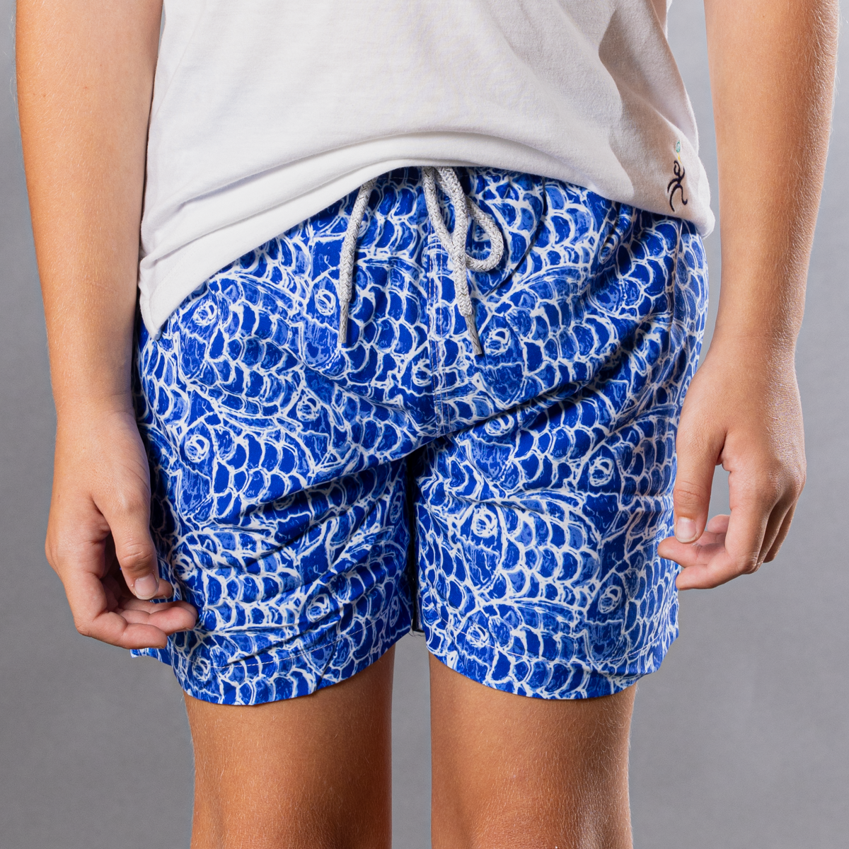 Boys Abstract Fish Swim Trunk With Cyclist Liner  Navy Blue