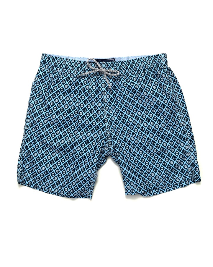 Men&#39;s Diamond Pattern Print Swim Trunk- Blue